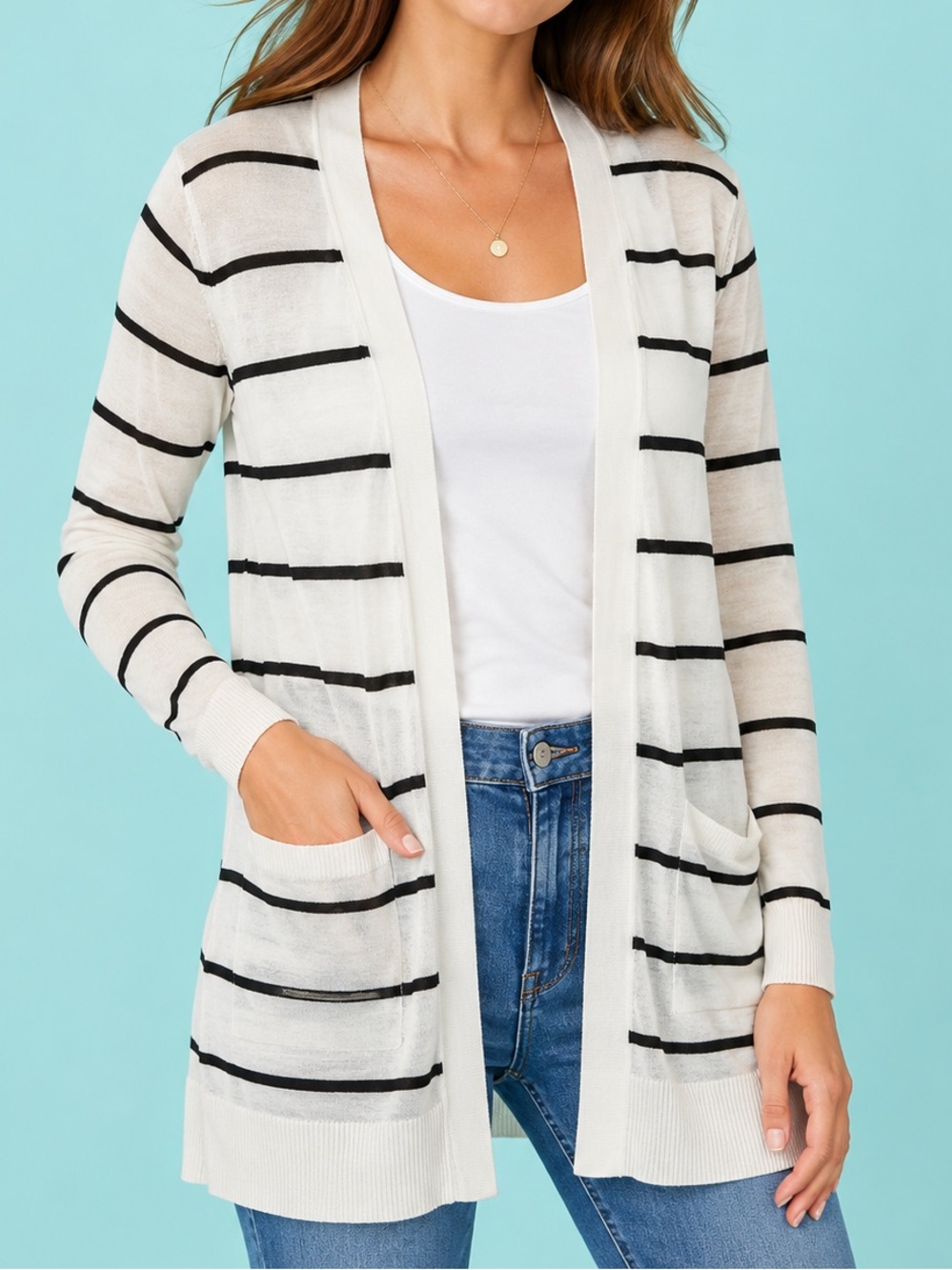 LOFT Black Stripe Open Front Cardigan Lightweight Ivory Size Large